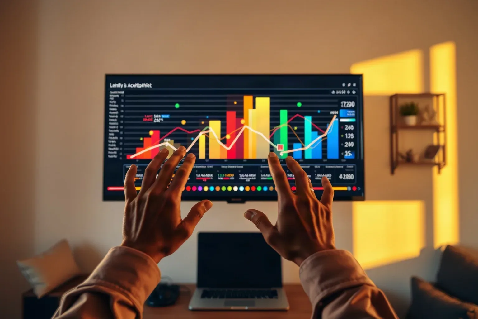 A person gestures with both hands towards a large wall-mounted monitor displaying colourful bar charts and line graphs in a warmly lit room