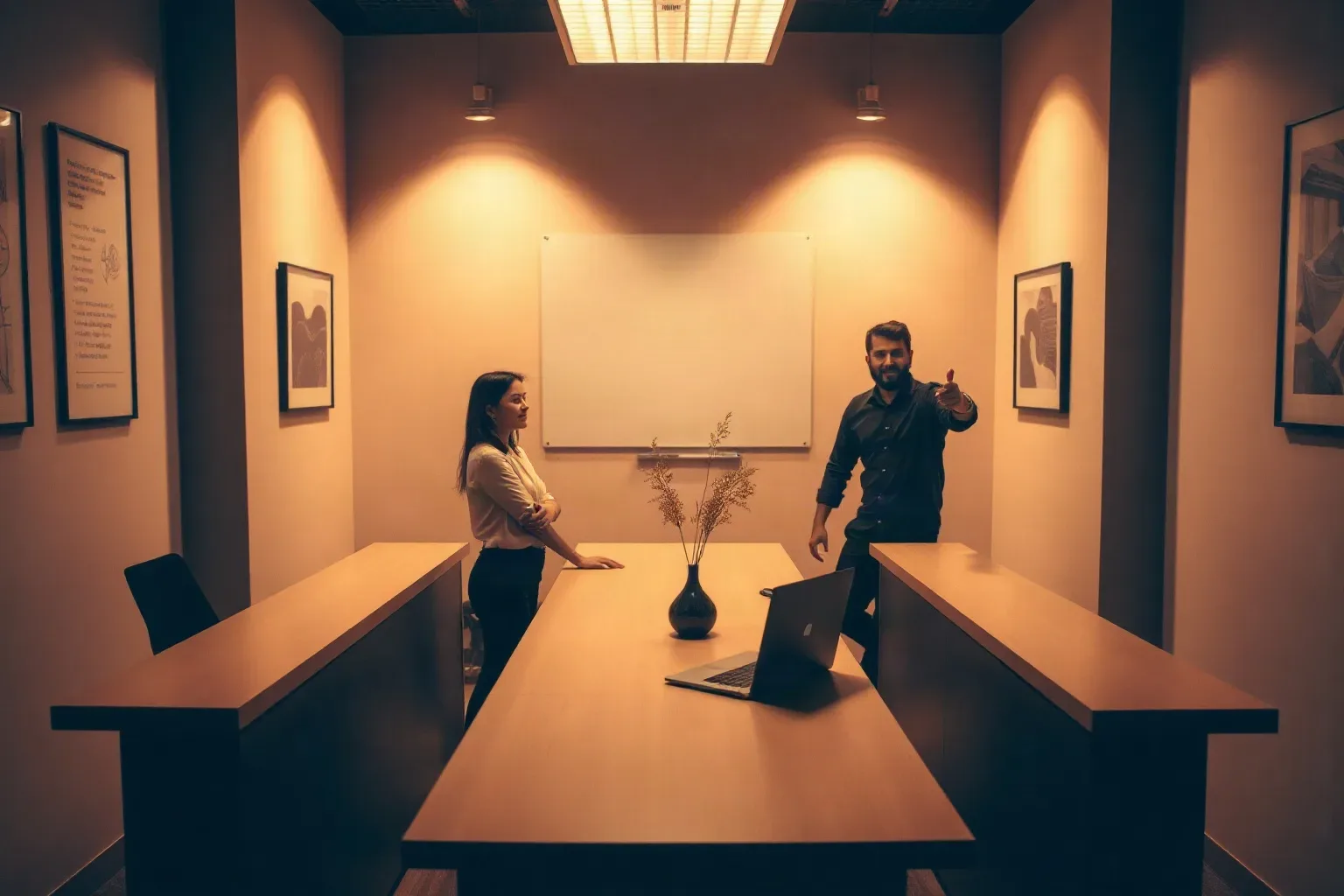 Two people stand at opposite ends of a long conference table in a warmly lit meeting room, one gesturing towards the other, with a vase and laptop on the table and a blank whiteboard on the wall behind