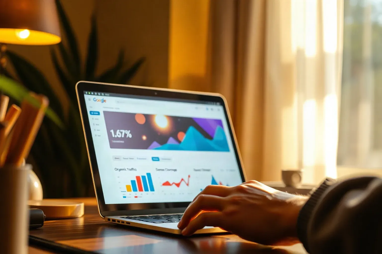 A person uses a laptop at a warm, lamp-lit desk, its screen displaying colourful dashboard graphs and charts