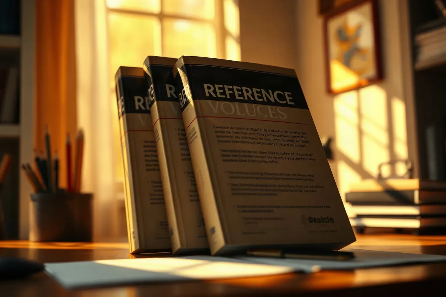 Three bound reference volumes stand upright on a wooden desk bathed in warm golden light from a window, beside a pot of pencils
