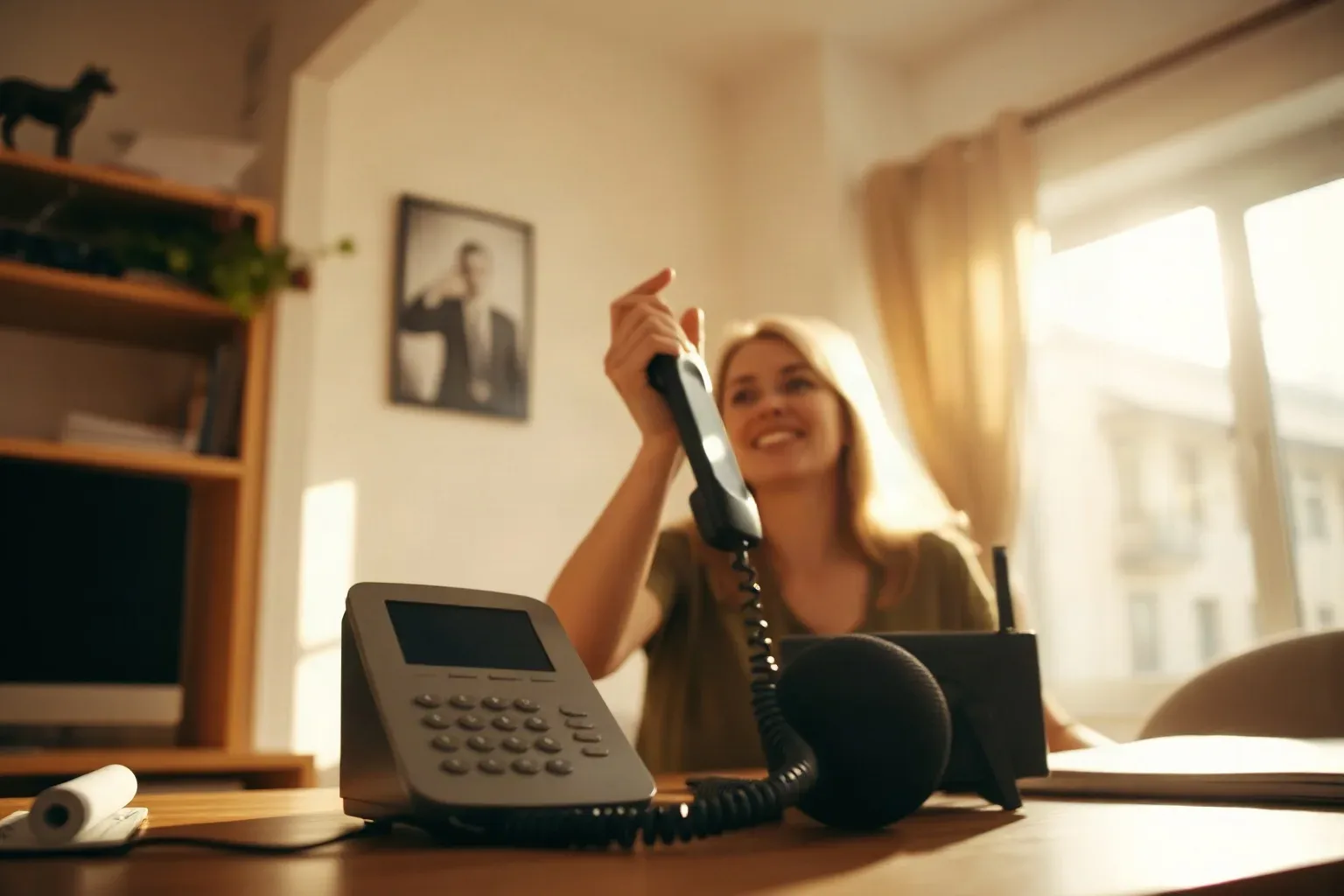 A person at a desk lifts the handset of a corded telephone, smiling, in a warm home-office setting with bookshelves and soft backlit window light