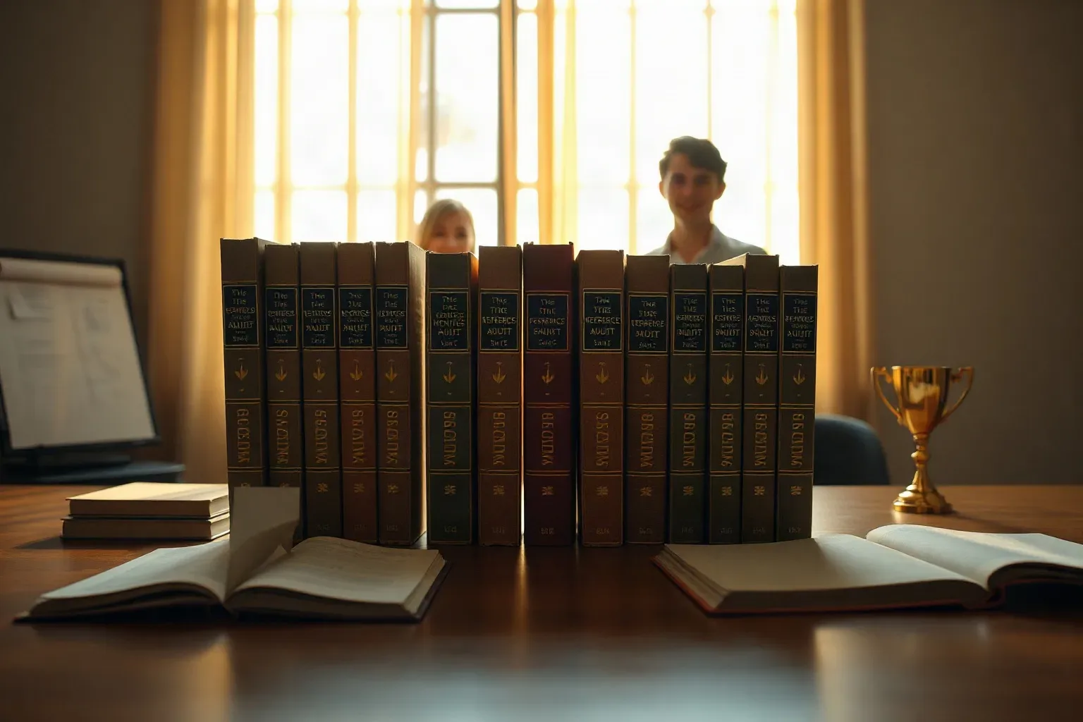 A row of bound reference volumes stands upright on a wooden desk, with two people seated in the background before a bright window, open books and a gold trophy visible to either side
