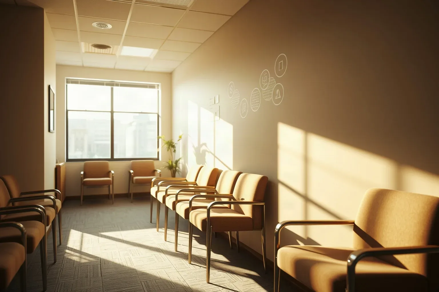 An empty waiting area with a row of upholstered chairs along a warmly lit wall, a large window at the far end and a potted plant in the corner
