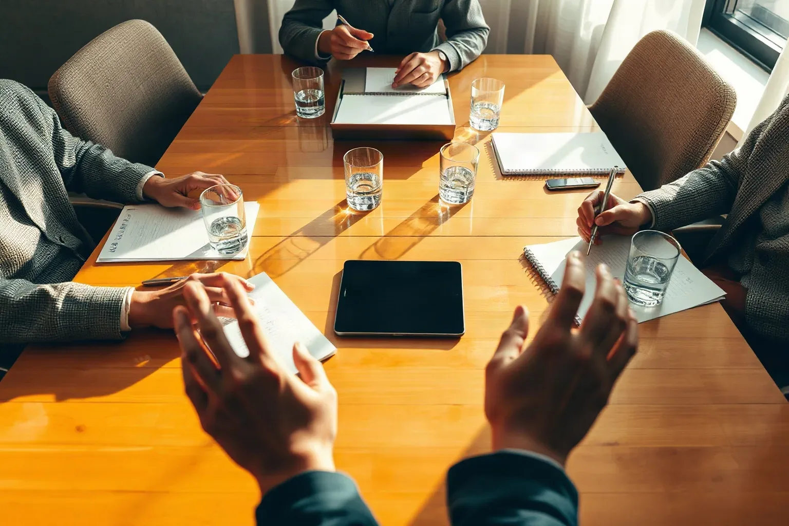 Several people sit around a sunlit wooden conference table with notepads, pens, and water glasses, hands visible as a meeting takes place