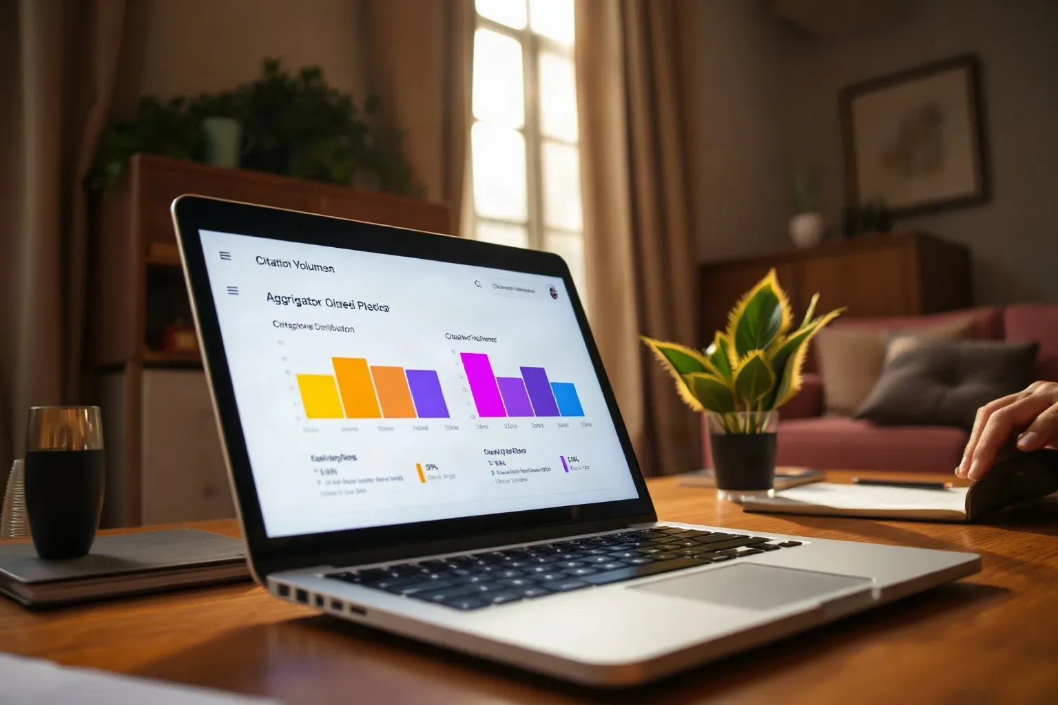 A laptop open on a wooden desk displays a colourful bar-chart dashboard, with a plant, notebook and glass nearby and a person's hand visible in the background