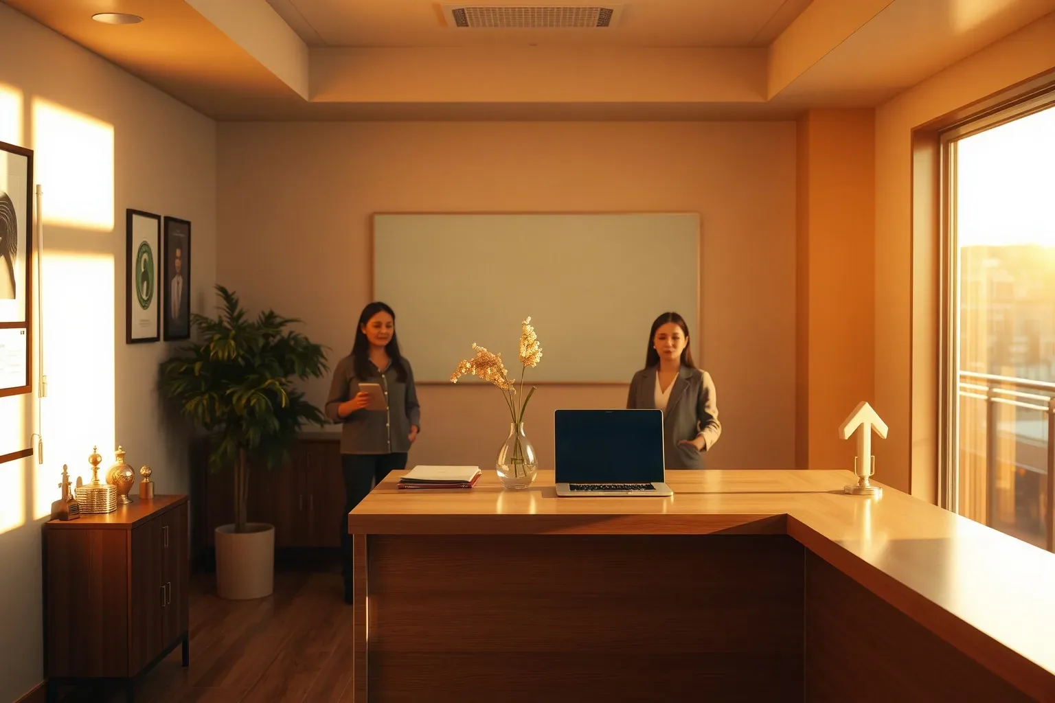 Two people stand behind a wooden reception desk holding a laptop, a glass vase with dried stems, and papers, in a warmly lit office with a whiteboard and indoor plant