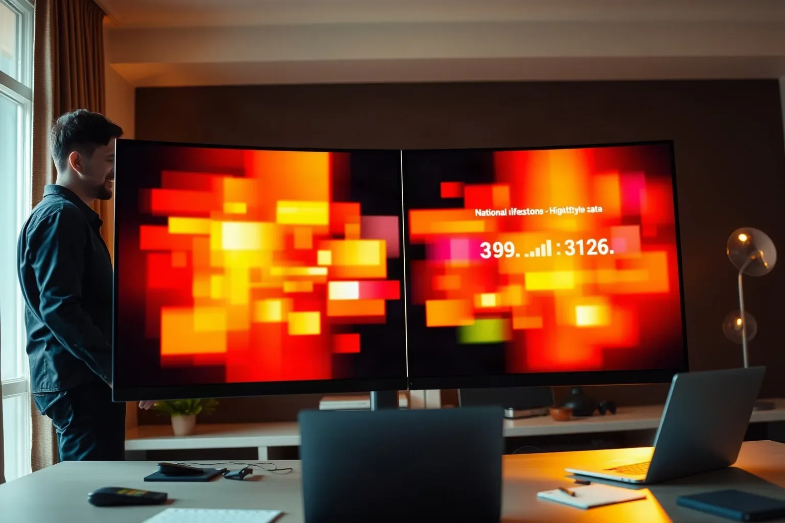 A person stands beside a large dual-screen display showing abstract multicolour blocks of red, orange and yellow, in a dimly lit room with a desk and laptop in the foreground