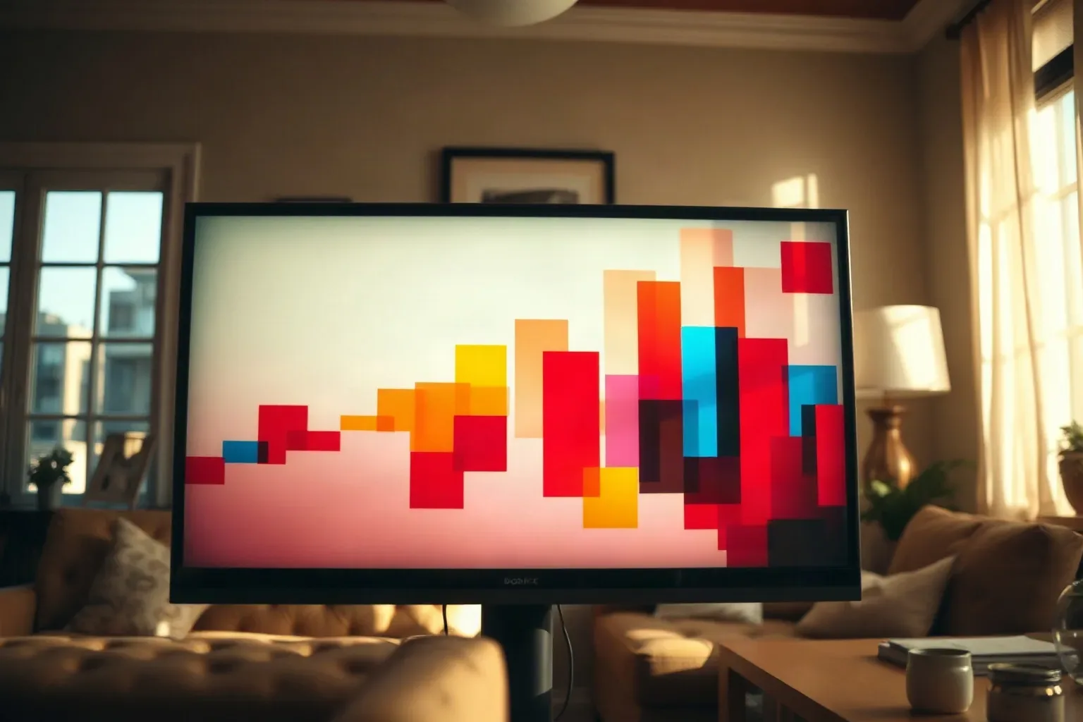 A wide monitor displaying abstract multicolour rectangular blocks on a white background, sitting on a stand in a softly lit living room