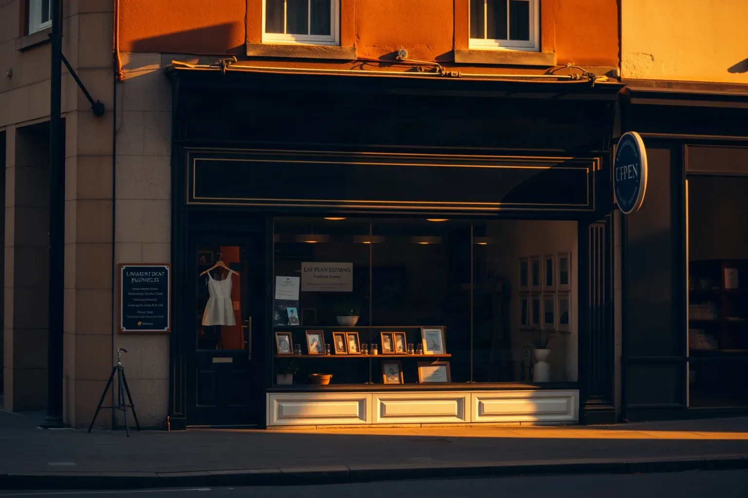 A small independent retail shopfront with a dark awning and a window display of framed pictures and a white dress, bathed in warm golden evening light on an empty street