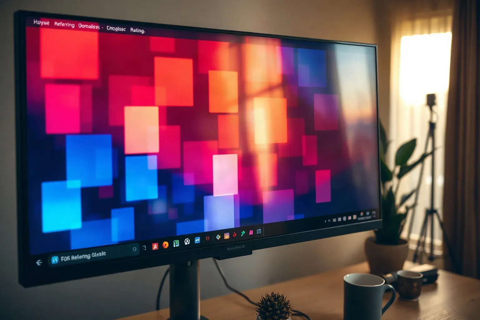 A wide monitor on a desk displays an abstract pattern of overlapping coloured squares in pink, red, orange, blue and purple, with a mug and small plant visible nearby in warm lamp light