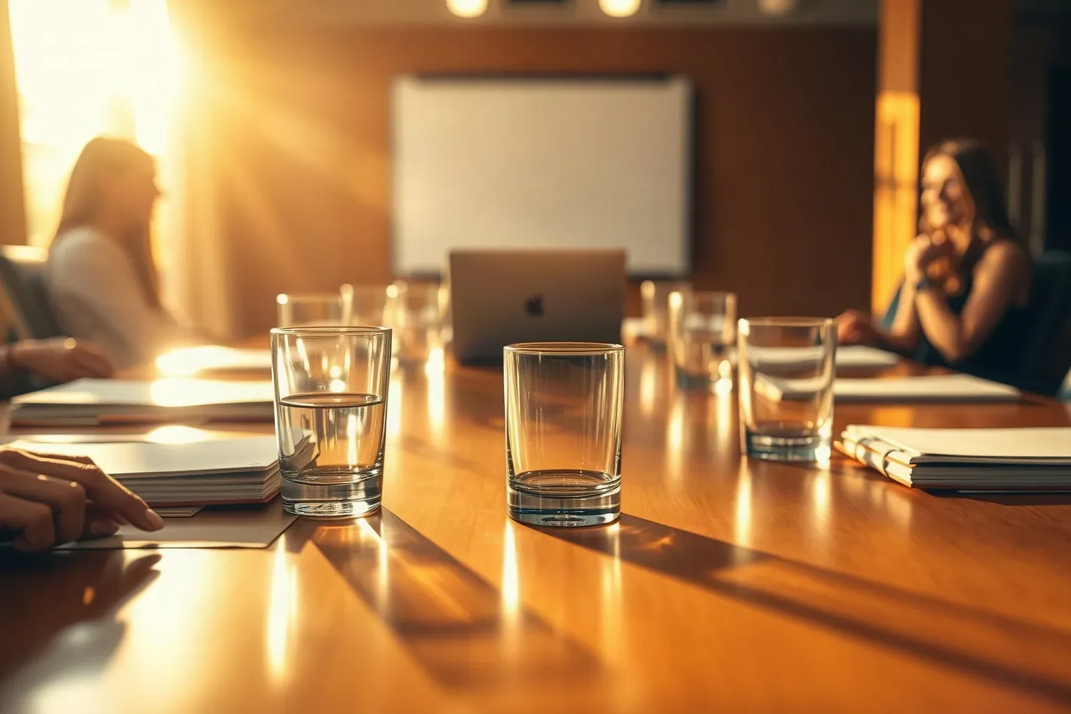 A polished conference table holds several water glasses and notepads as two people sit in the background beside a whiteboard and an open laptop, warm sunlight streaming across the room