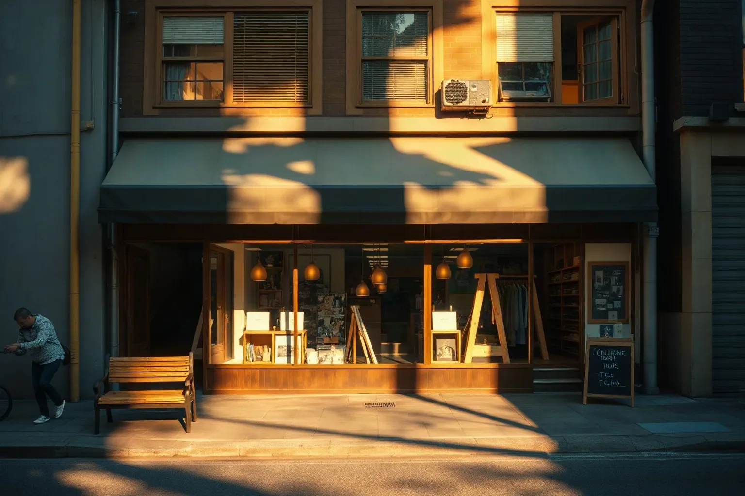 A small independent shopfront with a dark awning and warm pendant lighting glows in low angled sunlight, a wooden bench on the pavement outside and a person leaning against the wall to the left