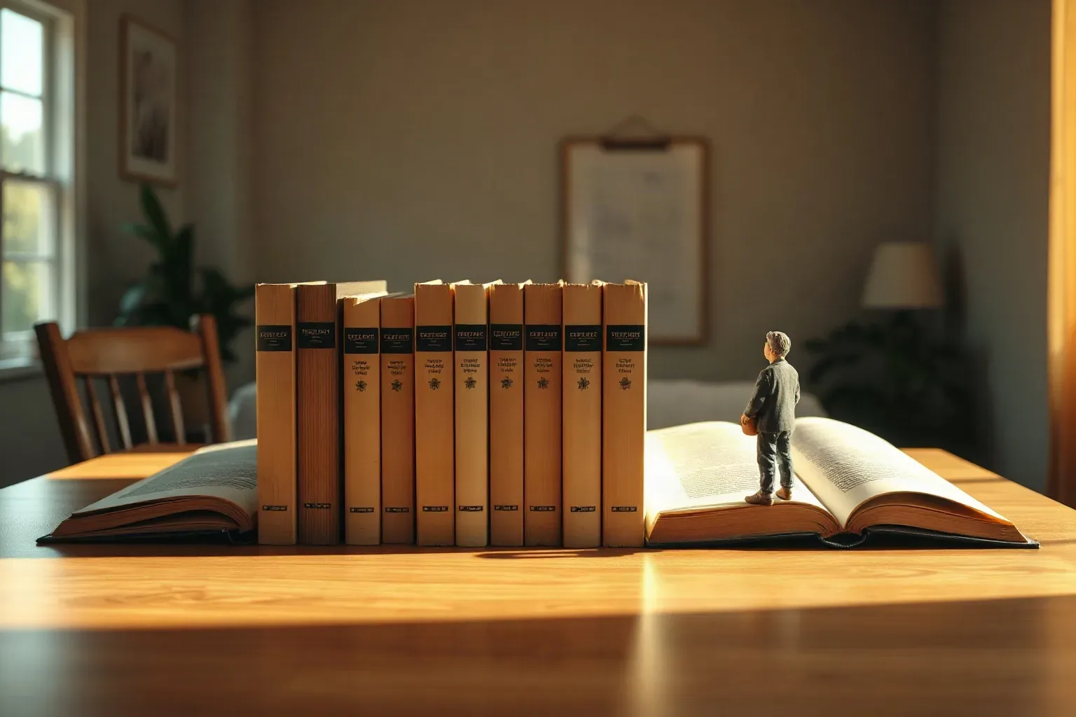 A tiny figurine of a person stands on an open book beside a short row of upright bound volumes on a wooden desk in a warmly lit room