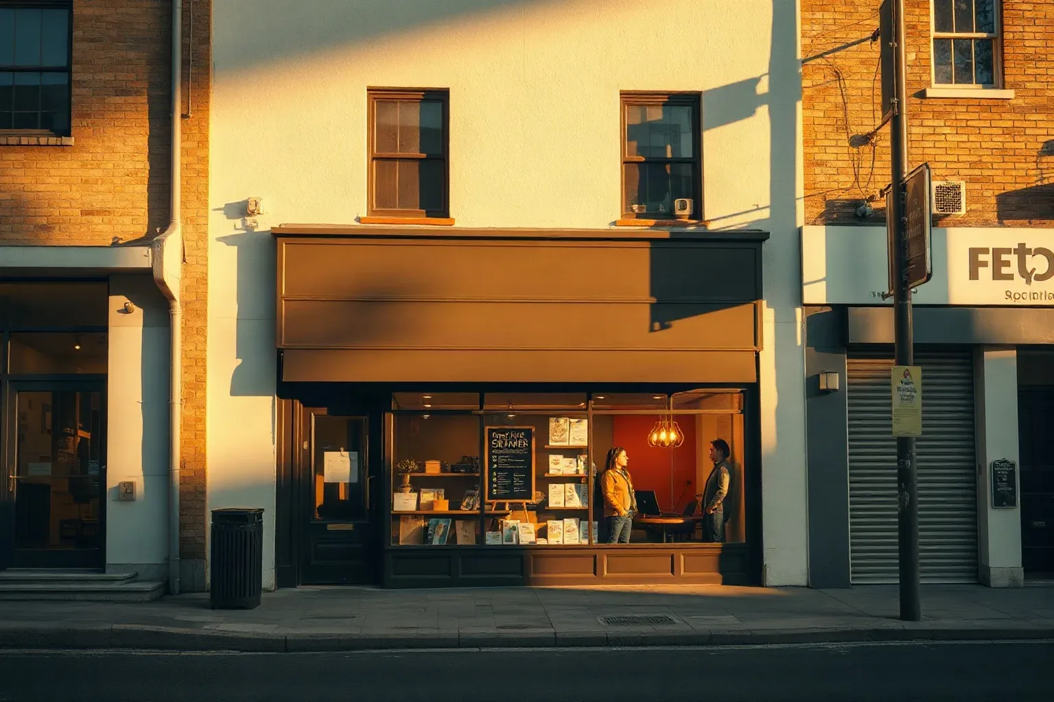Two people stand inside a small shopfront lit by warm pendant lighting, viewed from the street through a large display window at golden hour