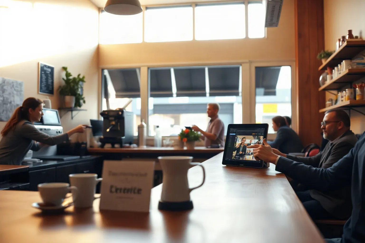A person sits at a café counter using a tablet, while staff work behind the counter with an espresso machine in the background