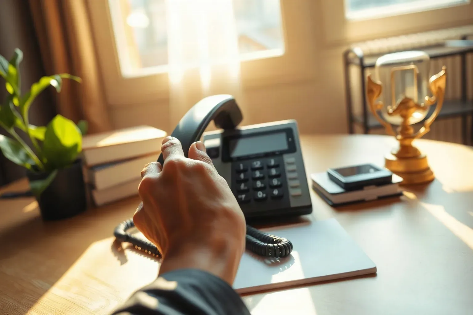 A person holds the handset of a desk phone above a notepad on a sunlit wooden desk, with stacked books and a gold trophy visible nearby