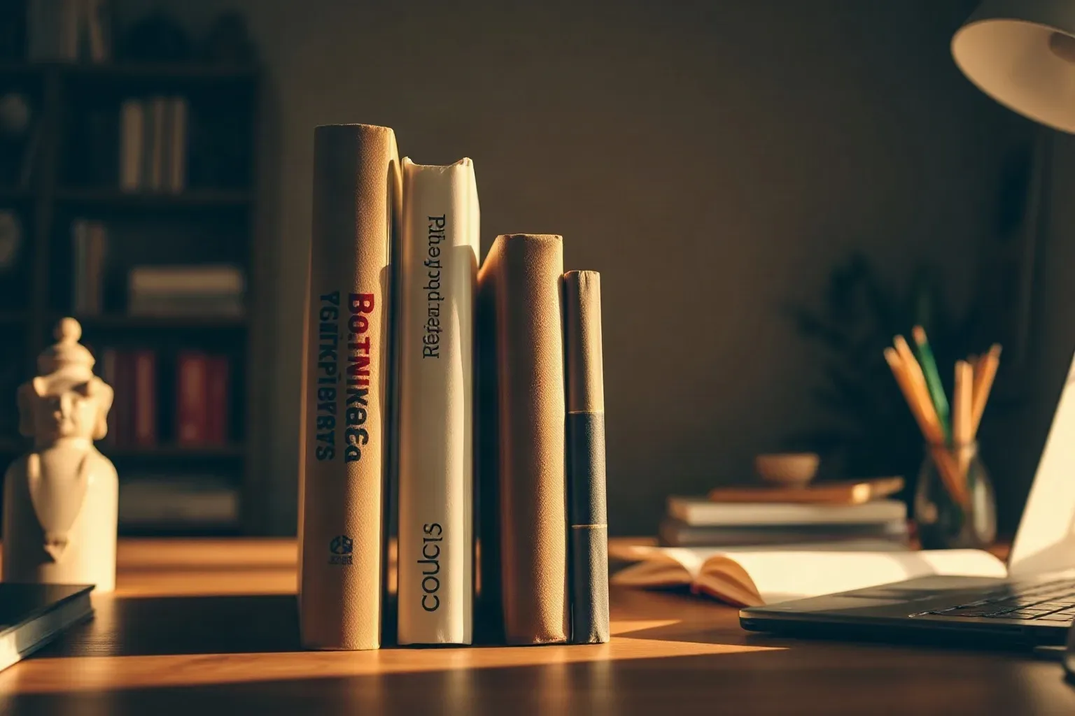 Several bound volumes stand upright in a short row on a wooden desk, with a laptop, pencil holder, and a small figurine visible in the warm, dimly lit background