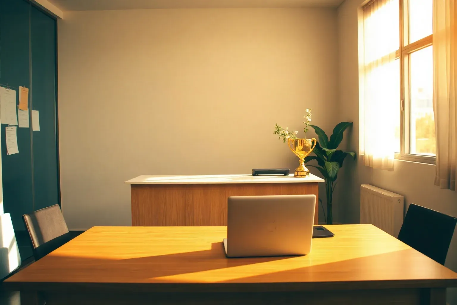 A sunlit office with a wooden reception desk holding a gold trophy and a small flowering plant, a closed laptop on a table in the foreground, and a noticeboard on the left wall