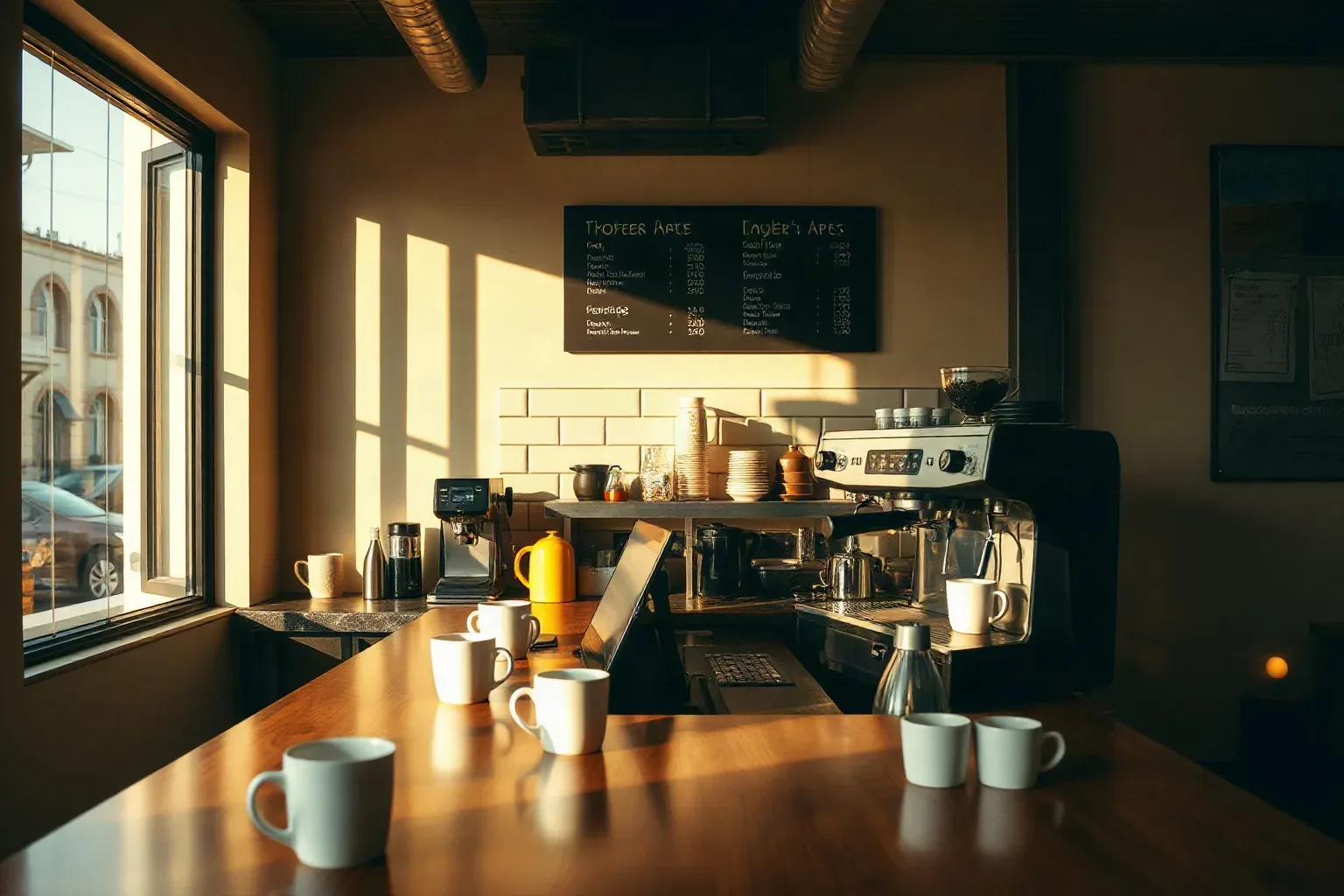 An empty café counter set with white mugs and an espresso machine, bathed in warm golden light from a large side window