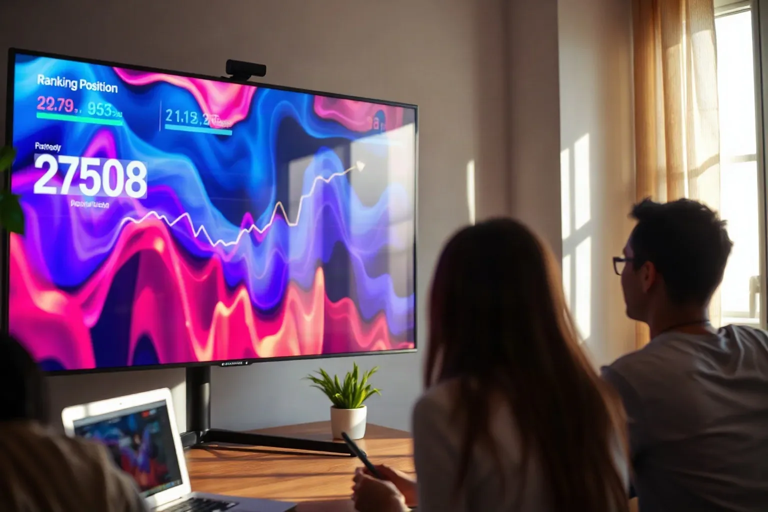 Two people sit facing a large monitor displaying vivid abstract multicolour wave visualisations and data figures, with a laptop open on the desk beside them