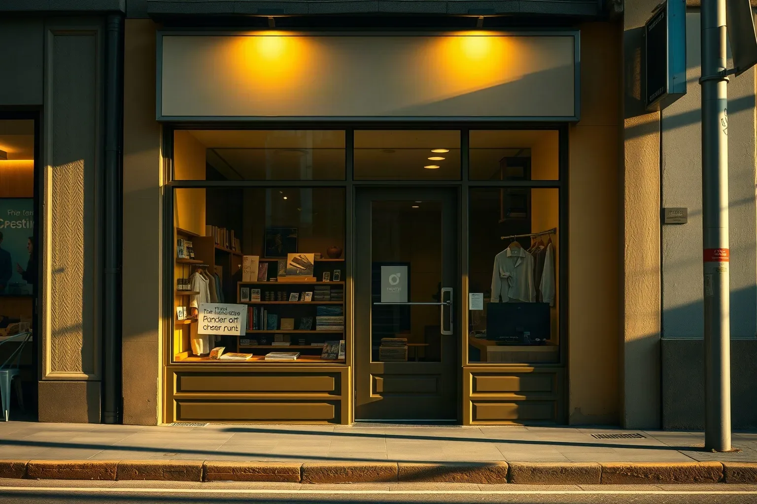 A small independent retail shopfront with warm interior lighting, shelves of books and items, and shirts on a clothing rail visible through a large glass window and door