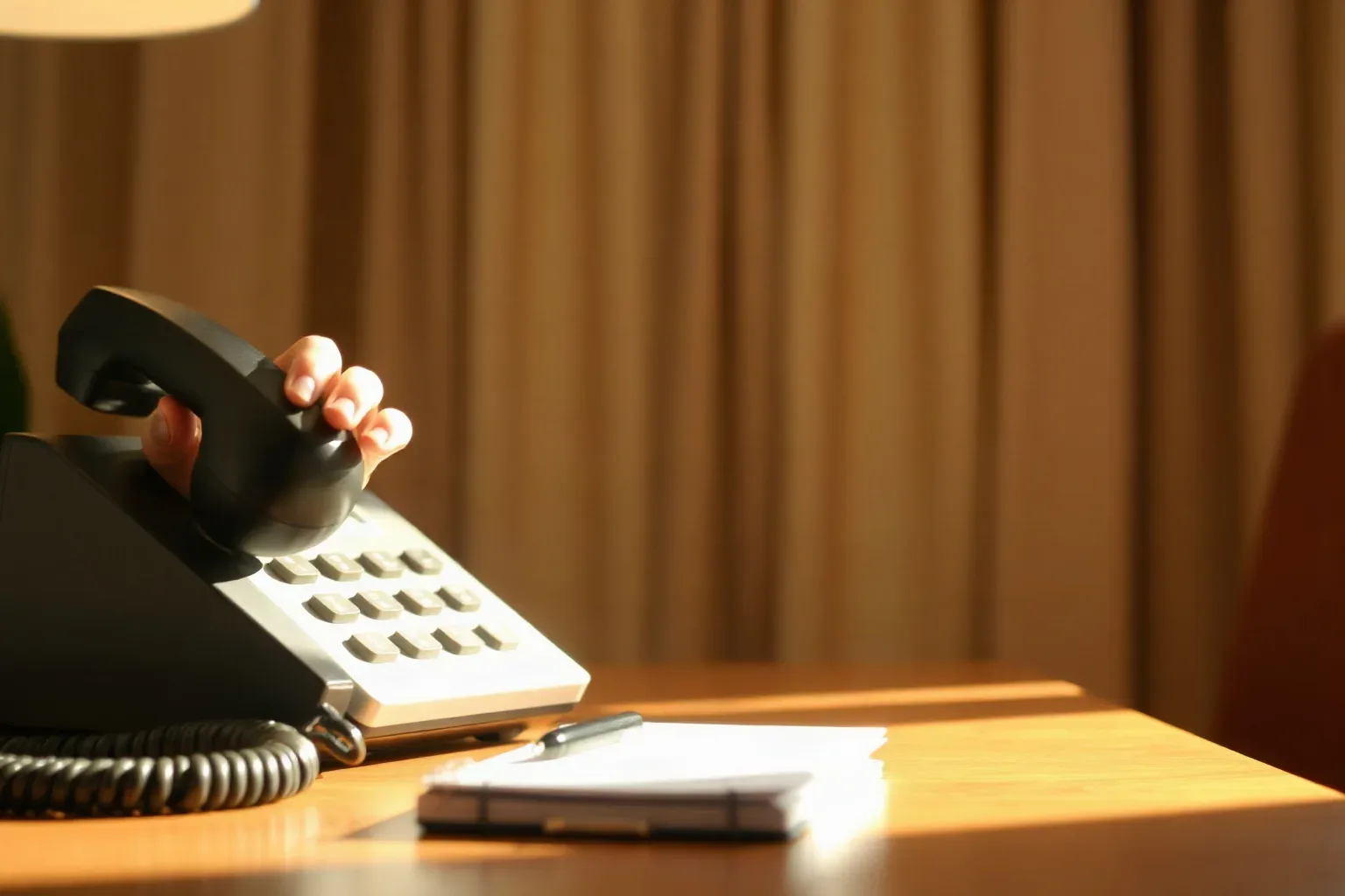 A person lifts the handset of a desk phone beside a notepad and pen on a wooden surface, warm light catching the scene