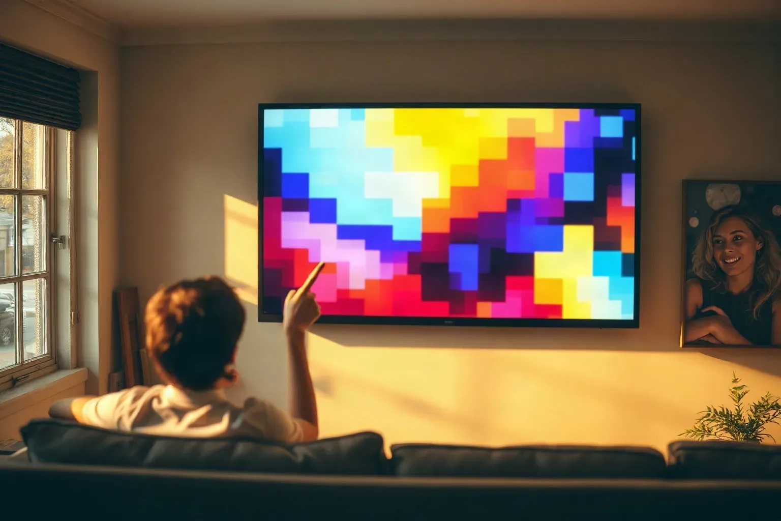 A person sitting on a sofa points a remote control towards a large wall-mounted television displaying vivid multicolour abstract blocks, while another person is visible smiling in a mirror to the right
