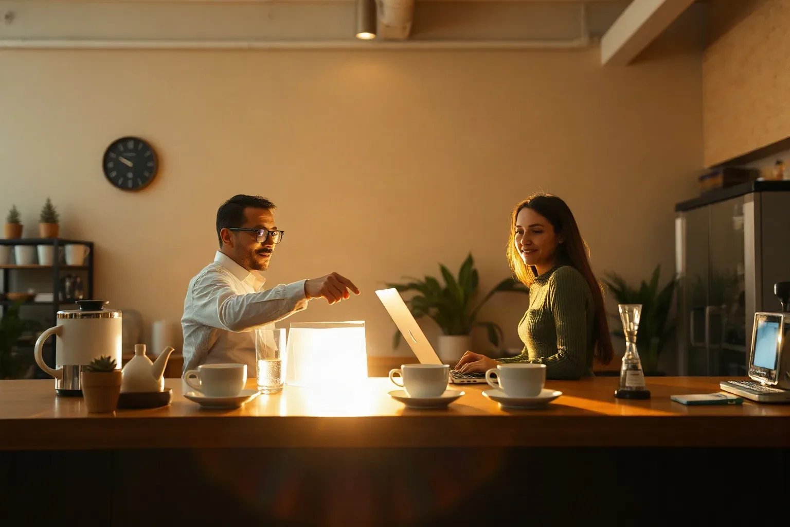 Two people sit at opposite ends of a wooden counter lit by a warm table lamp, one pointing at an open laptop while the other smiles, with cups and a teapot on the surface
