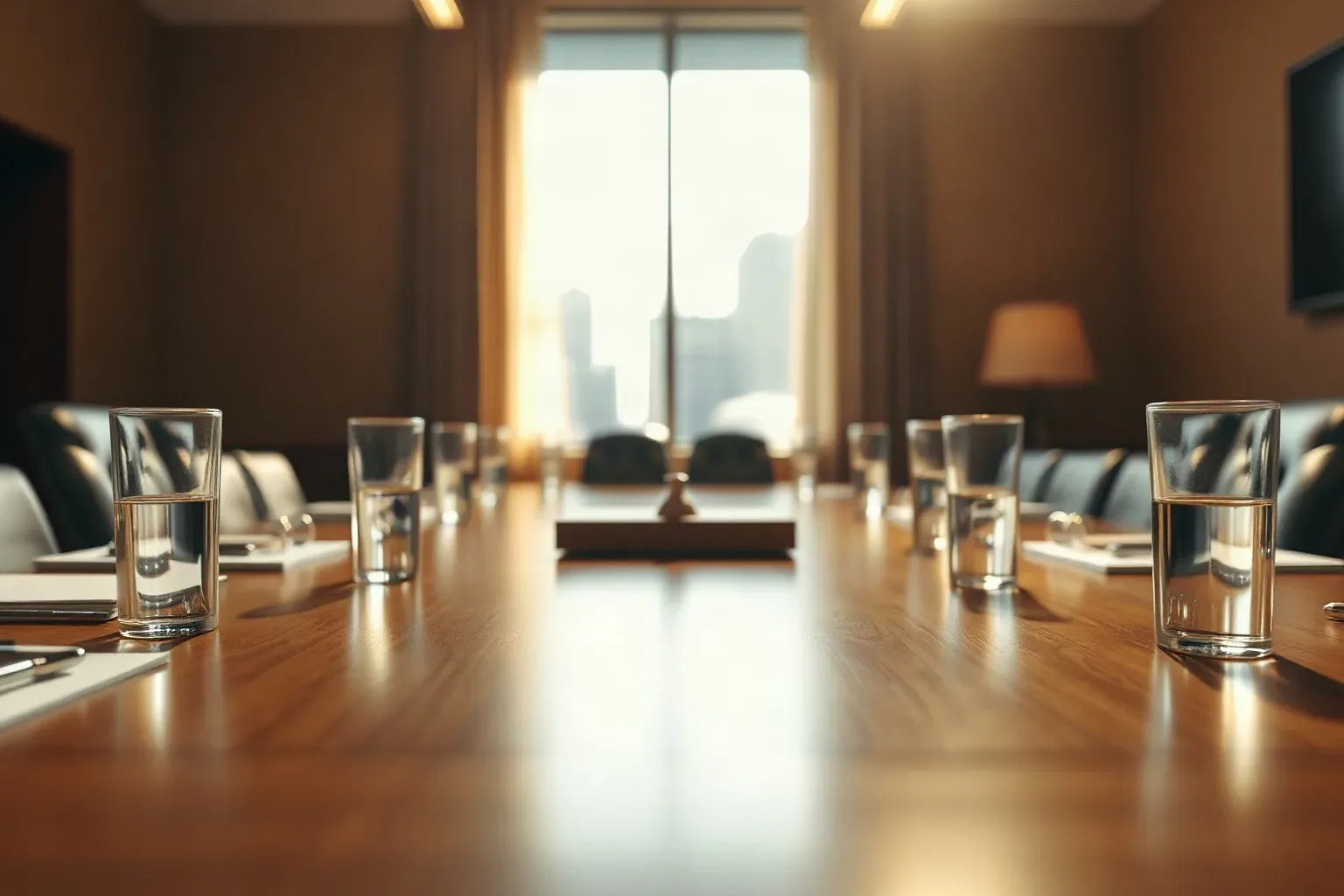 An empty conference room with a long polished wooden table set with water glasses and notepads, viewed from a low angle towards large windows