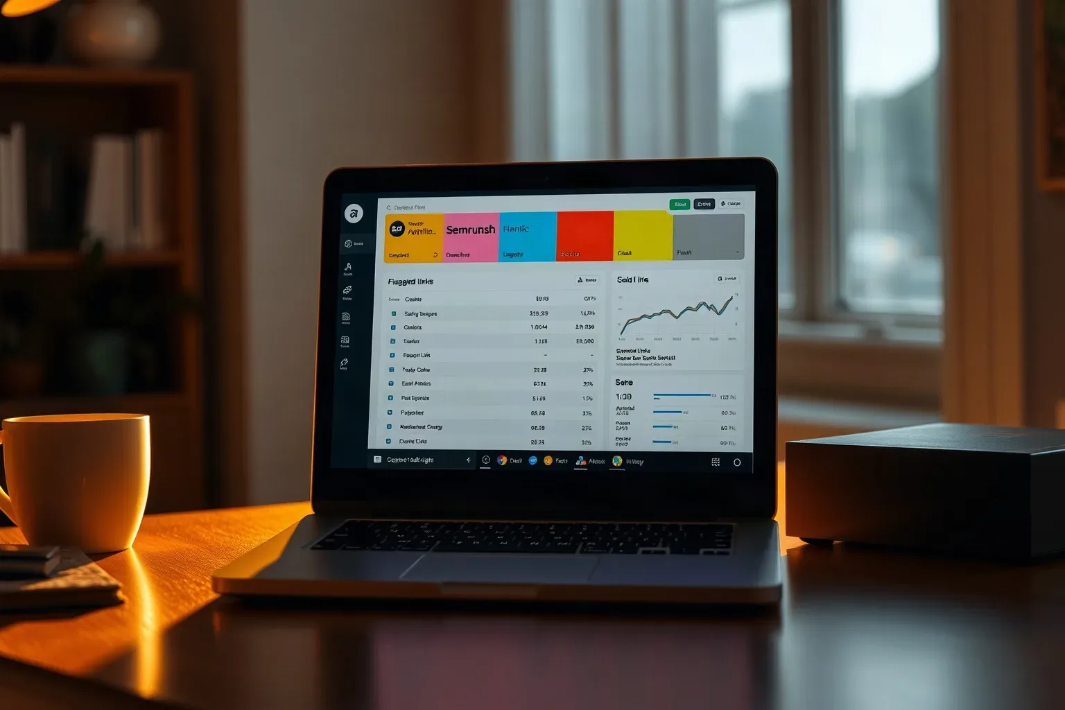 A laptop on a wooden desk displays a colourful dashboard interface, beside a white mug, in a warmly lit room