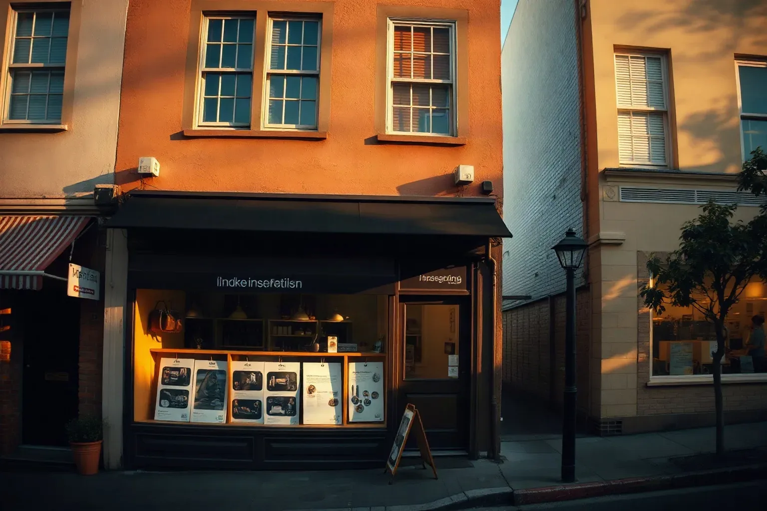 A two-storey independent retail shopfront with a dark awning and illuminated window display sits on a quiet street bathed in warm golden-hour light