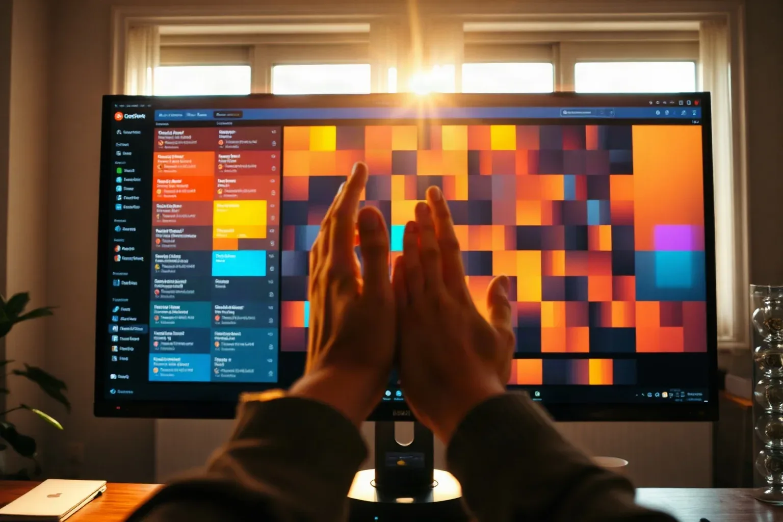 A person raises both hands towards a wide monitor displaying large abstract colour blocks in orange, blue and purple tones, in a warmly lit room
