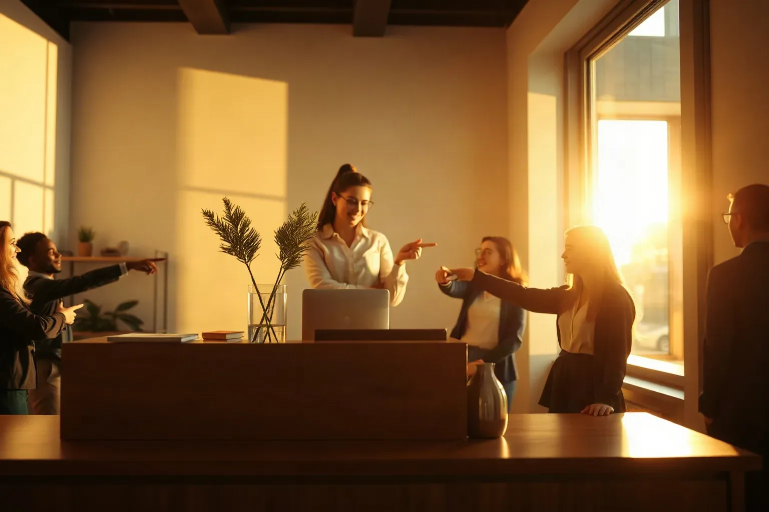 A small professional reception desk with a vase and a tidy surface