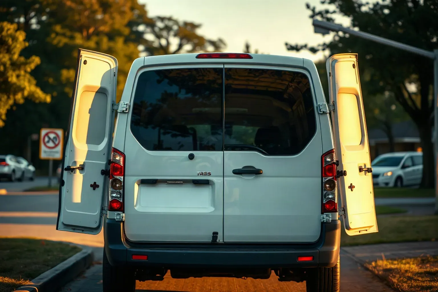 A white panel van parked at a kerb with its twin rear doors swung fully open, bathed in warm golden evening light with trees and parked cars softly blurred behind
